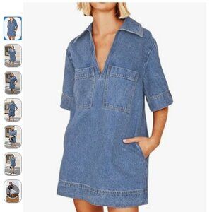 Denim Dress Deep V-Neck Short Sleeve Casual Loose Collared Shift Mini XXL